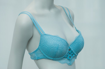 Closeup of blue bra on mannequin in a fashion store for women showroom