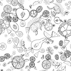fruit line white and black pattern. Tropical fruits home textile design background