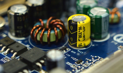 Radio components in electronics. Small depth of focus. Retro