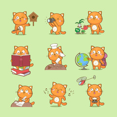 Set of cute cartoon cat character representing different hobbies: photography, reading, culinary, travel, craft, writing, dance, home gardening