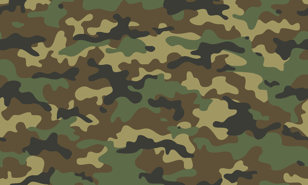 Camouflage seamless pattern. Trendy style camo, repeat print. Vector illustration. Khaki texture, military army green hunting