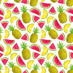 Seamless watercolor pattern with watermelon and pineapple isolated on white background. Hand drawn fruits and slices for food packaging design, wrapping, textile, decor, scrapbooking