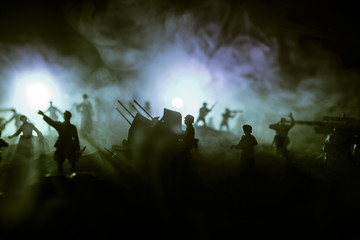 War Concept. Military silhouettes fighting scene on war fog sky background,