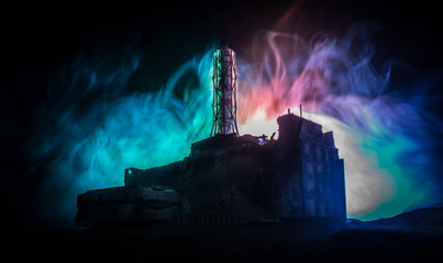 Creative artwork decoration. Chernobyl nuclear power plant at night. Layout of abandoned Chernobyl...