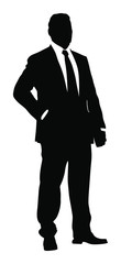 Businessman vector silhouette illustration. Handsome man in suite with hands in pockets. Standing casual pose. Relaxed man, confident leader standing.