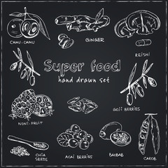 Hand drawn doodle super food. Vector illustration. Isolated elements on Symbol collection.