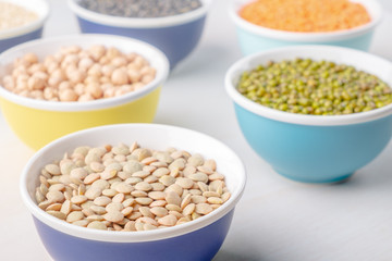 Various legumes in small bowls