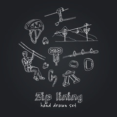 Zip line hand drawn doodle set. Vector illustration. Isolated elements. Symbol collection.