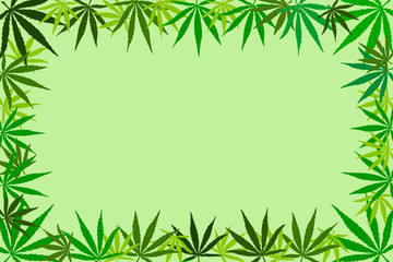  Frame of hemp leaves. Flat illustration, mock up, copy space.