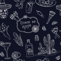 Cinco de Mayo Hand drawn doodle set. Vector illustration. Isolated elements on chalkboard background. Symbol collection.