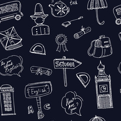 English language school hand drawn doodle set. Vector illustration. Isolated elements. Symbol collection.