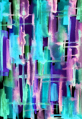 Watercolor abstract picture of stripes, cells and stains in violet and turquoise tones, checkered graphic composition, pictorial abstraction.