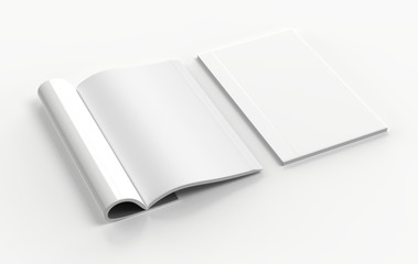 Magazine with rolled white paper pages isolated on white background. blank book, catalogue or brochure with folded sheets mock up. 3d illustration