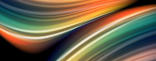 Abstract wave lines fluid rainbow style color stripes on black background. Artistic illustration for presentation, app wallpaper, banner or poster