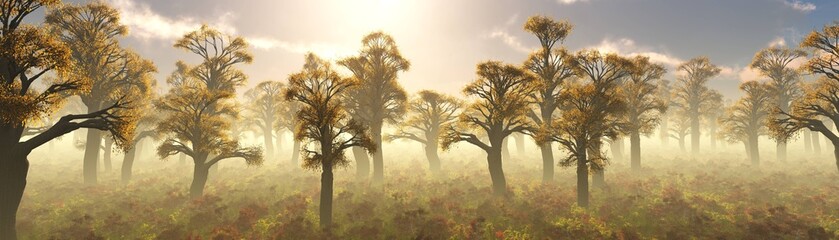 Fototapeta na wymiar Panorama of the autumn park, trees in the morning fog in autumn