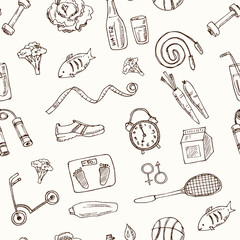 Healthy lifestyle hand drawn doodle seamless pattern. Vector illustration. Isolated elements. Symbol collection.