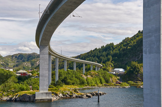 On a Vessel passing under the Maloy Road Bridge which connects the Islands of Maloya and Vagsoy on the Western Coast of Norway, near Bergen.