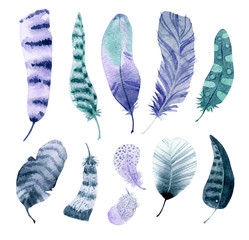 Set of colorful hand drawn feathers. Isolated elements on white background. Violet, turquoise, green and gray watercolor quills