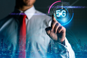 business caucasian smart intelligent hand press finger with interface of 5g technology wireless...