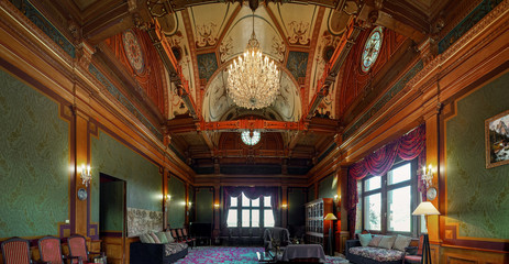 Fototapeta na wymiar Luxury interior view of big knights hall in medieval castle