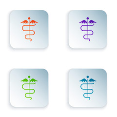 Color Caduceus snake medical symbol icon isolated on white background. Medicine and health care. Emblem for drugstore or medicine, pharmacy. Set icons in colorful square buttons. Vector Illustration