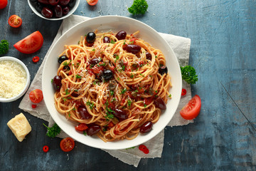 Pasta Alla Puttanesca with garlic, olives, capers, tomato and anchois fish