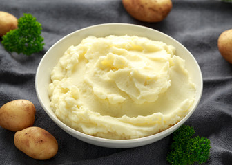 Mashed potatoes in white bowl. Healthy food