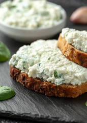 Ricotta cheese spinach sandwich with coffee. healthy breakfast