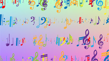 Disco Background. Colorful Musical Notes Symbol Falling on Hologram Background. Many Random Falling Notes, Bass and, G Clef. Disco Vector Template with Musical Symbols.