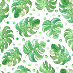 Fototapeta na wymiar Seamless pattern with watercolor tropical leaves