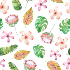 Seamless pattern with watercolor tropical flowers