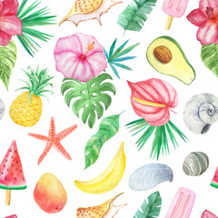 Seamless pattern with tropical exotic flowers, leaves