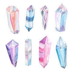 watercolor crystals and gems in blue and pink colors