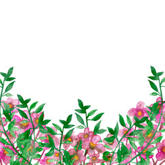 Naklejka premium Hand painted watercolor wreath illustration. Isolated Botanical wreaths of green branches and flower leaves. Wedding frame with pink flowers, with floral design element, with space for text.