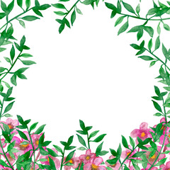 Hand painted watercolor wreath illustration. Isolated Botanical wreaths of green branches and flower leaves.  Wedding frame with pink flowers, with floral design element, with space for text.