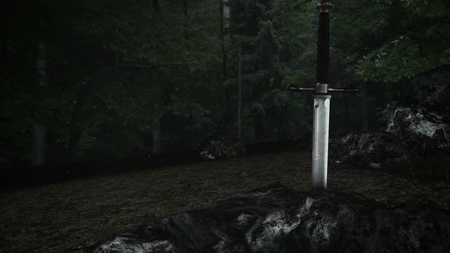 Medieval Iron Sword Stuck Inside a Rock in a Forest