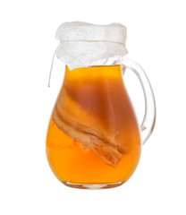 Homemade fermented drink Kombucha in a glass jug. Isolated on white background