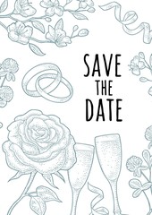 Design template for wedding invitation. Vector monochrome engraving