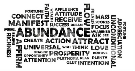 video word cloud on the topic abundance in color black gray