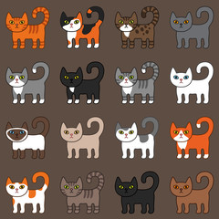 Various cats seamless pattern. Cute and funny cartoon kitty cat vector illustration different cat breeds. Pet kittens of different colours. Simple modern geometric flat style vector illustration.