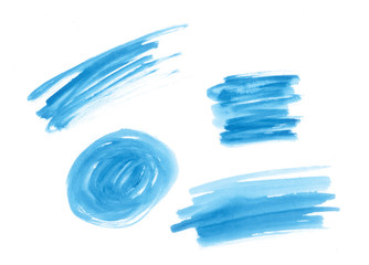 Watercolor abstract elements.  Watercolor strokes. Blue watercolor brushes strokes. Blue labels.