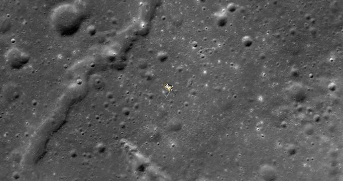 Top-down view, with snap zoom, of LRO positioning itself for a data gathering pass above SE edge, Montes Carpatus range, Mare Insularum. Elements of this image furnished by NASA