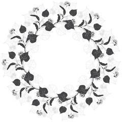 Round frame with linden branch on white background. Floral vector illustration with space for text. Invitation, greeting card or an element for your design. Monochrome.
