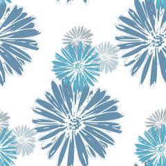 Blue chamomile meadow  wildflower Nature seamless pattern. Silhouette vector. Spring decoration.