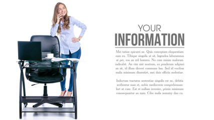 Beautiful business woman smile sitting at the table working using laptop looking at screen, hand writing, smiling, drink cup of coffee, tea on a white background. Isolation