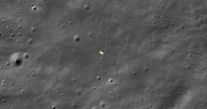Top-down view, with snap zoom, of LRO positioning itself for a data gathering pass above Harpalus Crater, Sinus Roris. Elements of this image furnished by NASA