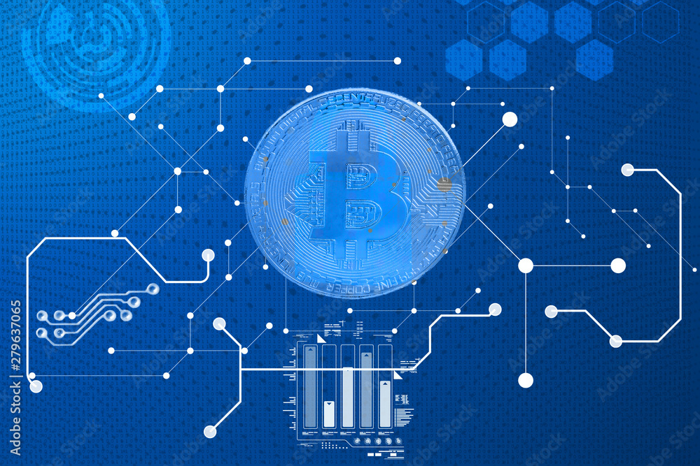 Poster bitcoins and new virtual money concept.gold bitcoins with candle stick graph chart and digital backg