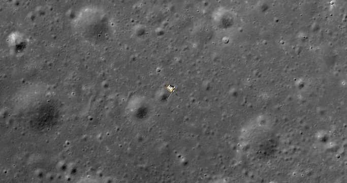 Top-down view, with snap zoom, of LRO positioning itself for a data gathering pass above new craters and ejecta, Mare Insularum. Elements of this image furnished by NASA
