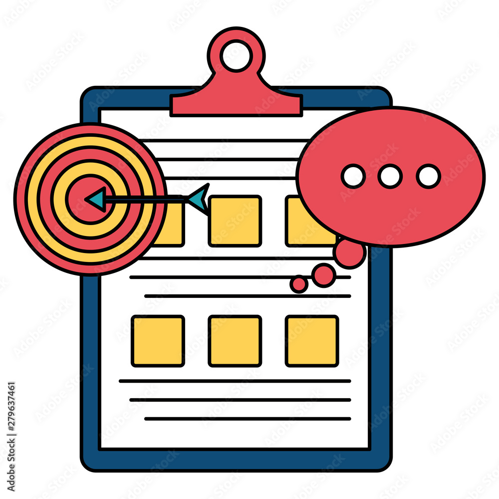 Poster checklist clipboard document with target and speech bubble