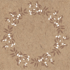 Round frame with branch of honeysuckle and berries on kraft paper. Floral vector illustration with space for text. Invitation, greeting card or an element for your design.